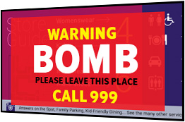A bomb threat alert on a digital signage screen that's CAP compliant Waring bomb MVIX